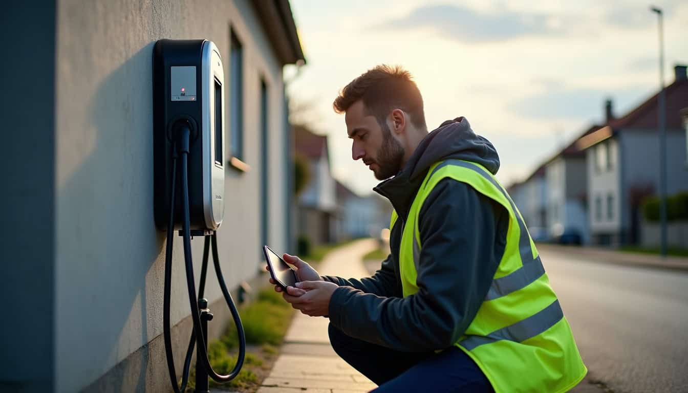Technicien en train de vérifier le bon fonctionnement d'une borne de recharge nouvellement installée
