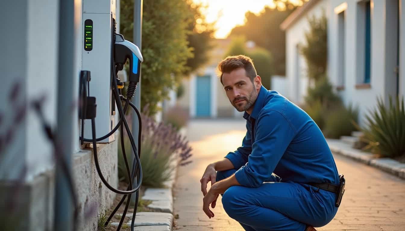 Technicien en train de vérifier le fonctionnement d'une borne de recharge à Venelles