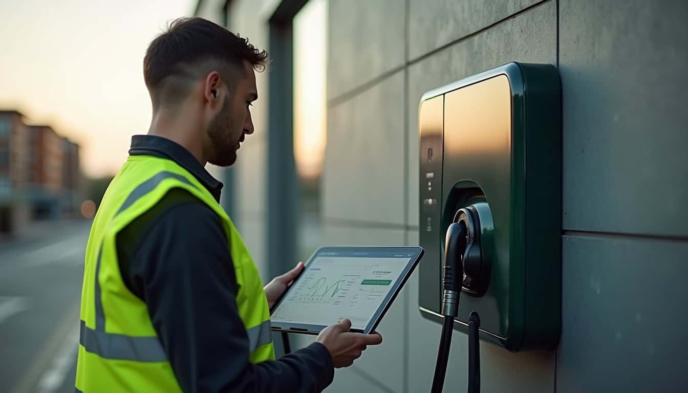 Technicien en train de vérifier le fonctionnement d'une borne de recharge électrique à Hayange