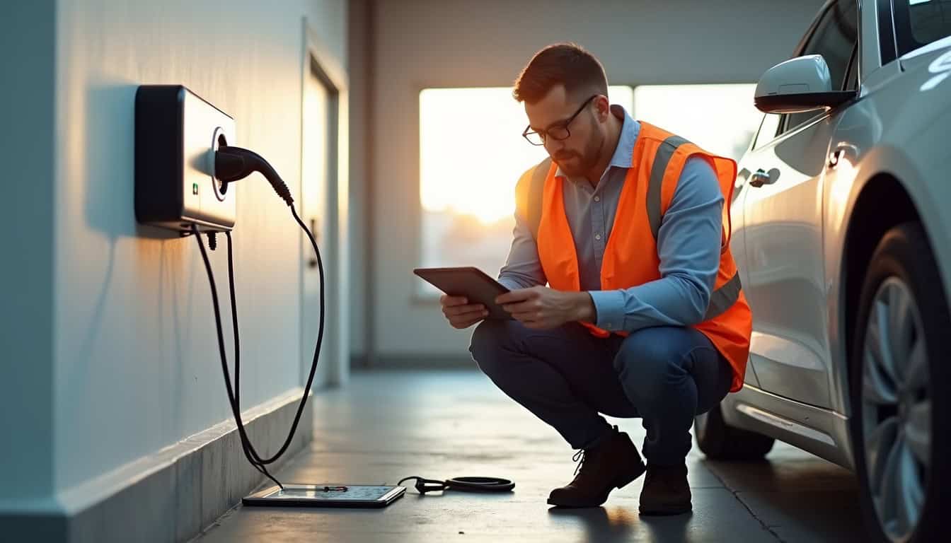 Technicien en train de vérifier le fonctionnement d'une borne de recharge électrique lors d'une visite de maintenance