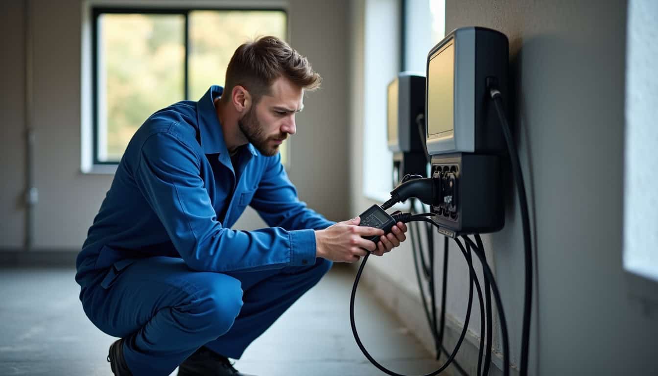Technicien en train de vérifier le fonctionnement d'une borne de recharge murale