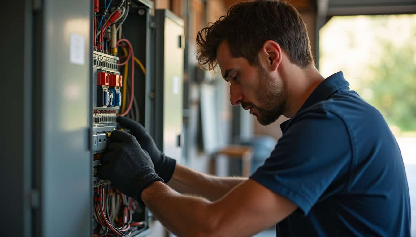 Technicien en train de vérifier le tableau électrique avant installation d