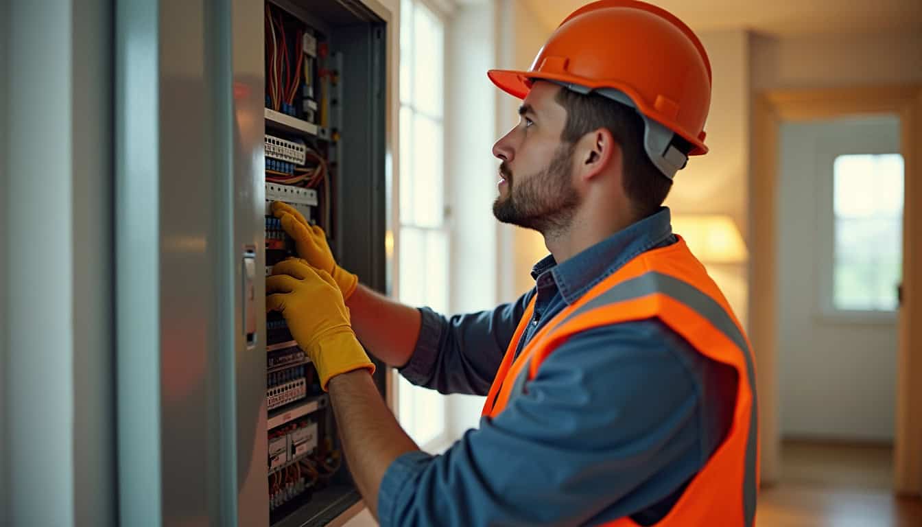 Technicien en train de vérifier le tableau électrique avant installation d