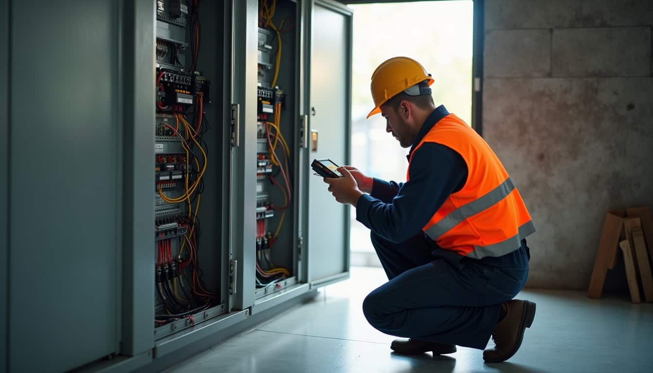 Technicien en train de vérifier le tableau électrique avant installation d'une borne de recharge