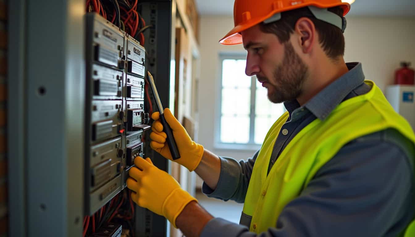 Technicien en train de vérifier le tableau électrique avant installation d'une borne