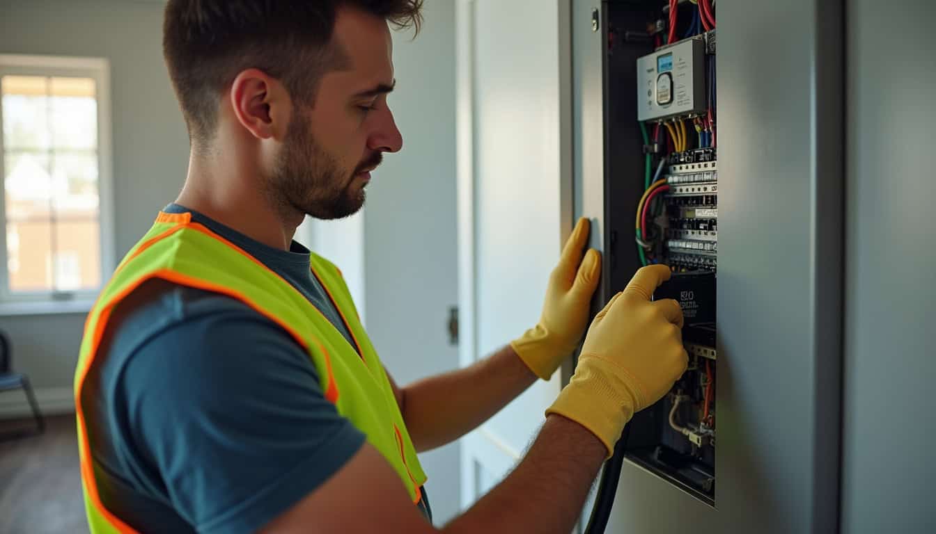 Technicien en train de vérifier le tableau électrique d'une maison avant installation d'une borne de recharge