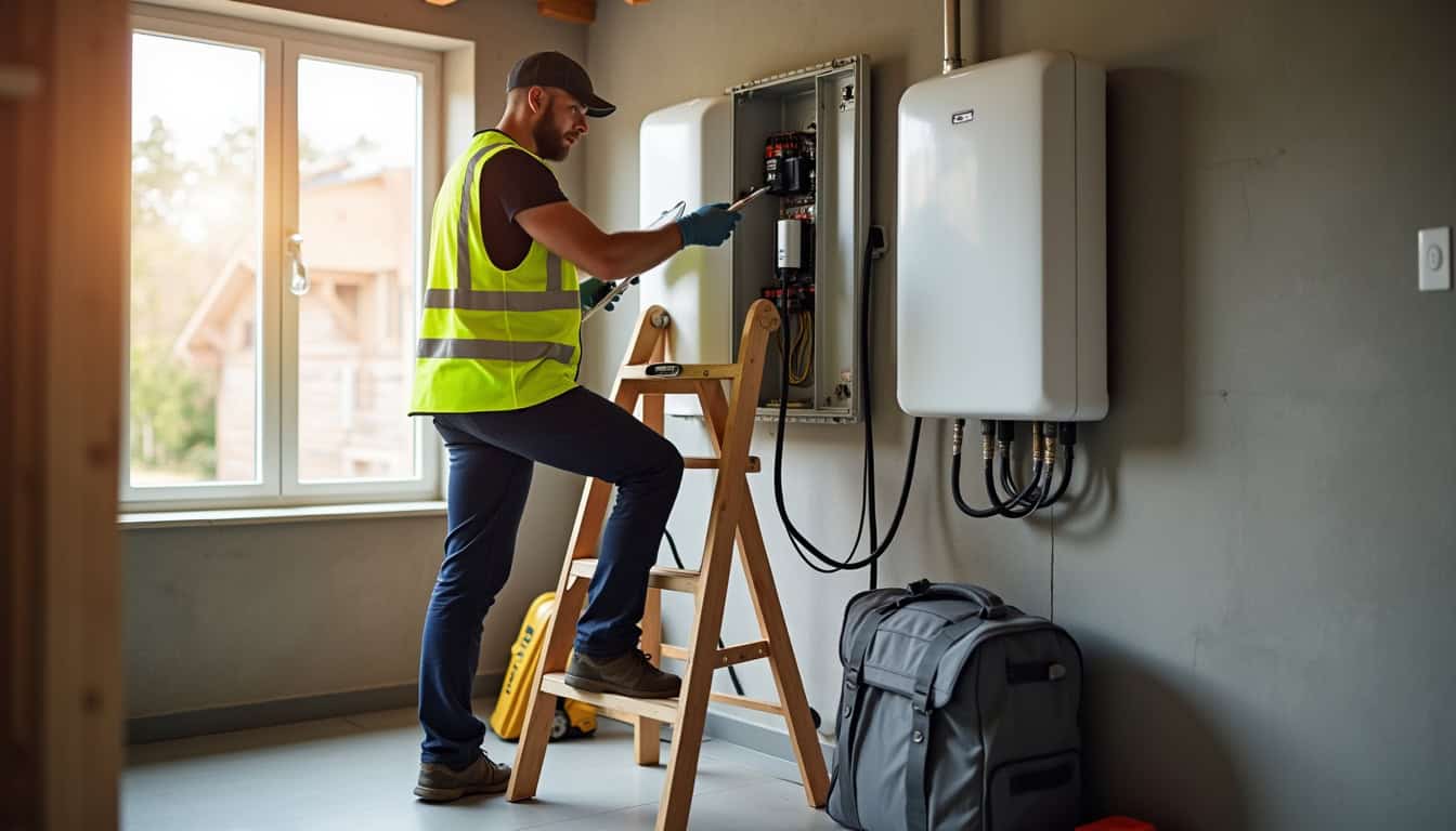 Technicien en train de vérifier le tableau électrique lors d'un audit préalable à Bièvres