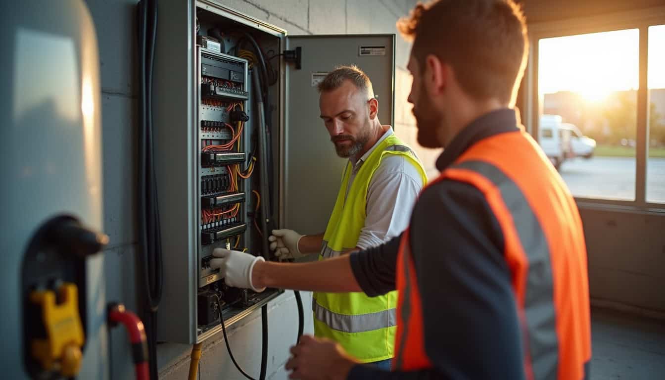 Technicien en train de vérifier le tableau électrique lors d'une installation de borne électrique