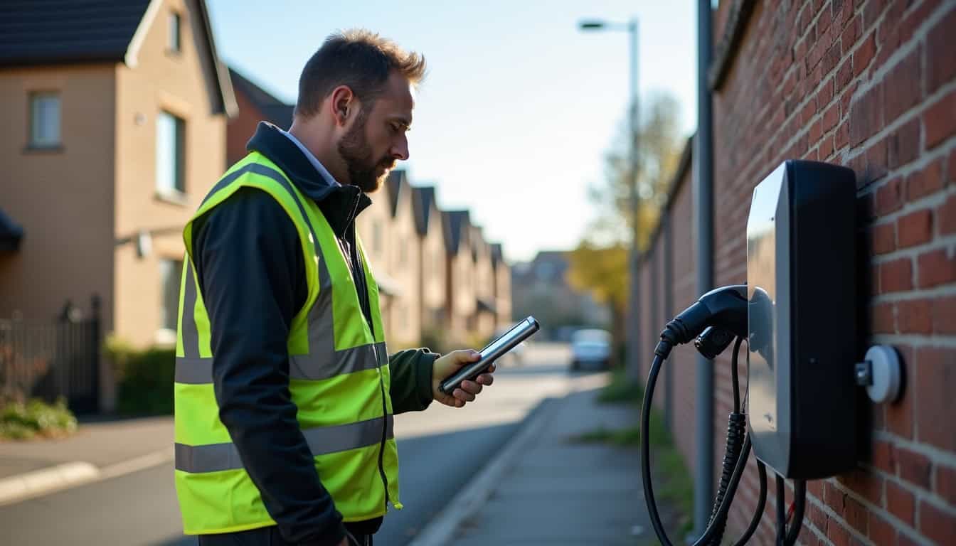 Technicien en train de vérifier l'état d'une borne de recharge électrique à Athis-Val-de-Rouvre