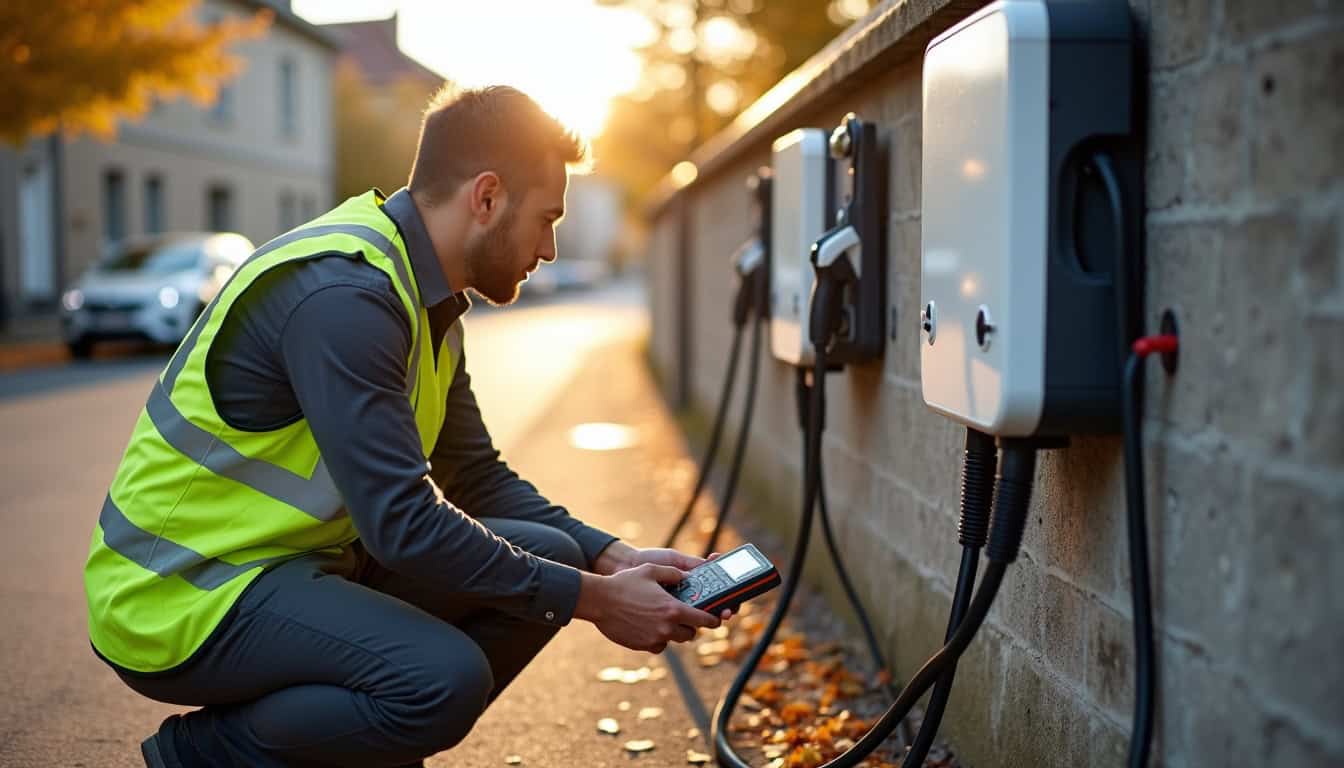 Technicien en train de vérifier l’état d’une borne de recharge électrique