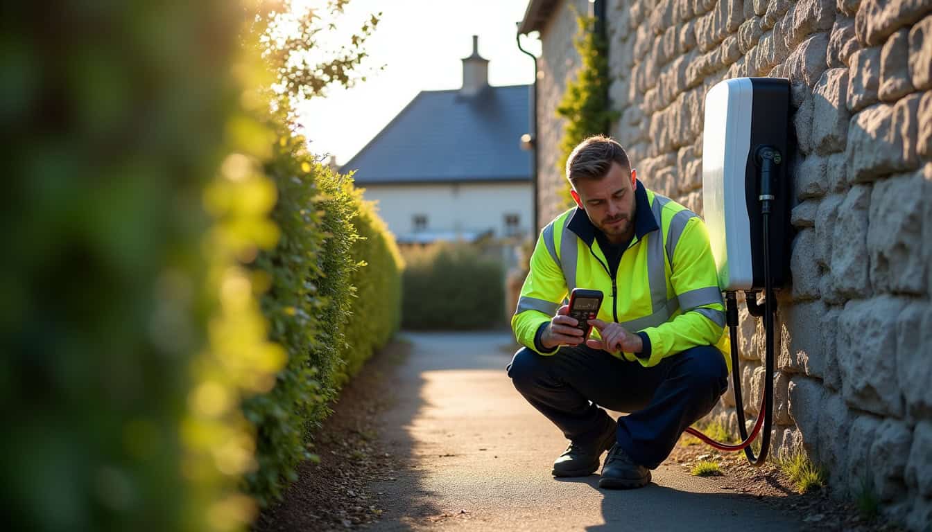 Technicien en train de vérifier l’état d’une borne de recharge murale à Saint-Nicolas-du-Pélem