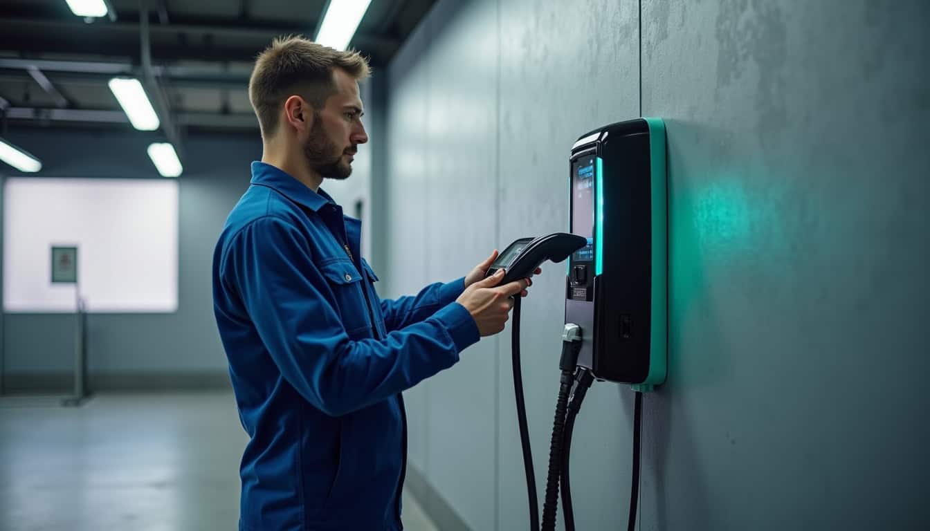 Technicien en train de vérifier l'état d'une borne de recharge murale dans un garage à Beaulieu