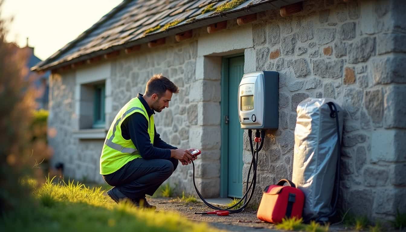 Technicien en train de vérifier un compteur Linky avant installation d'une borne de recharge à Plouay
