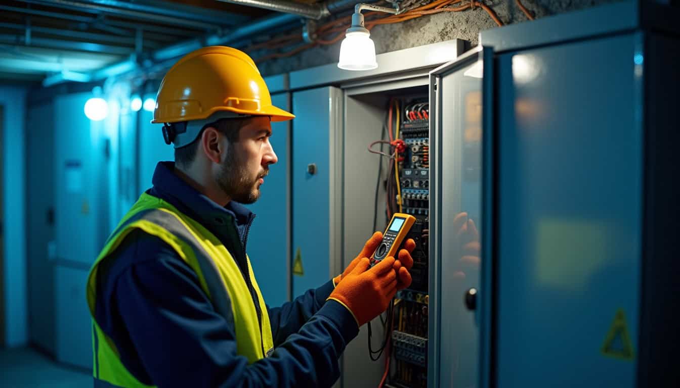 Technicien en train de vérifier un panneau électrique avant installation d