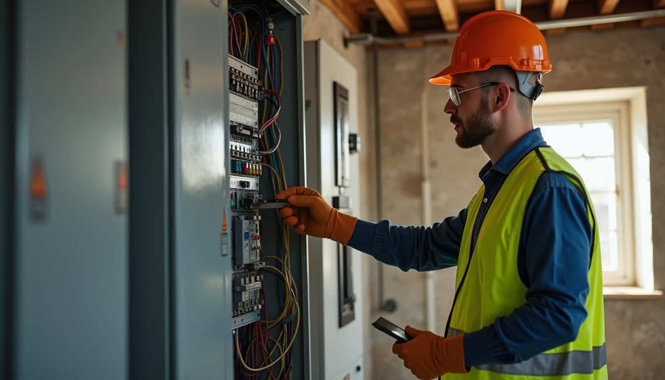 Technicien en train de vérifier un tableau électrique avant installation d