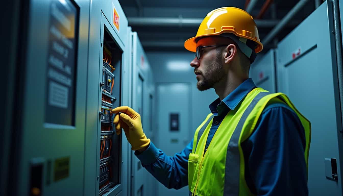 Technicien en train de vérifier un tableau électrique avant installation d