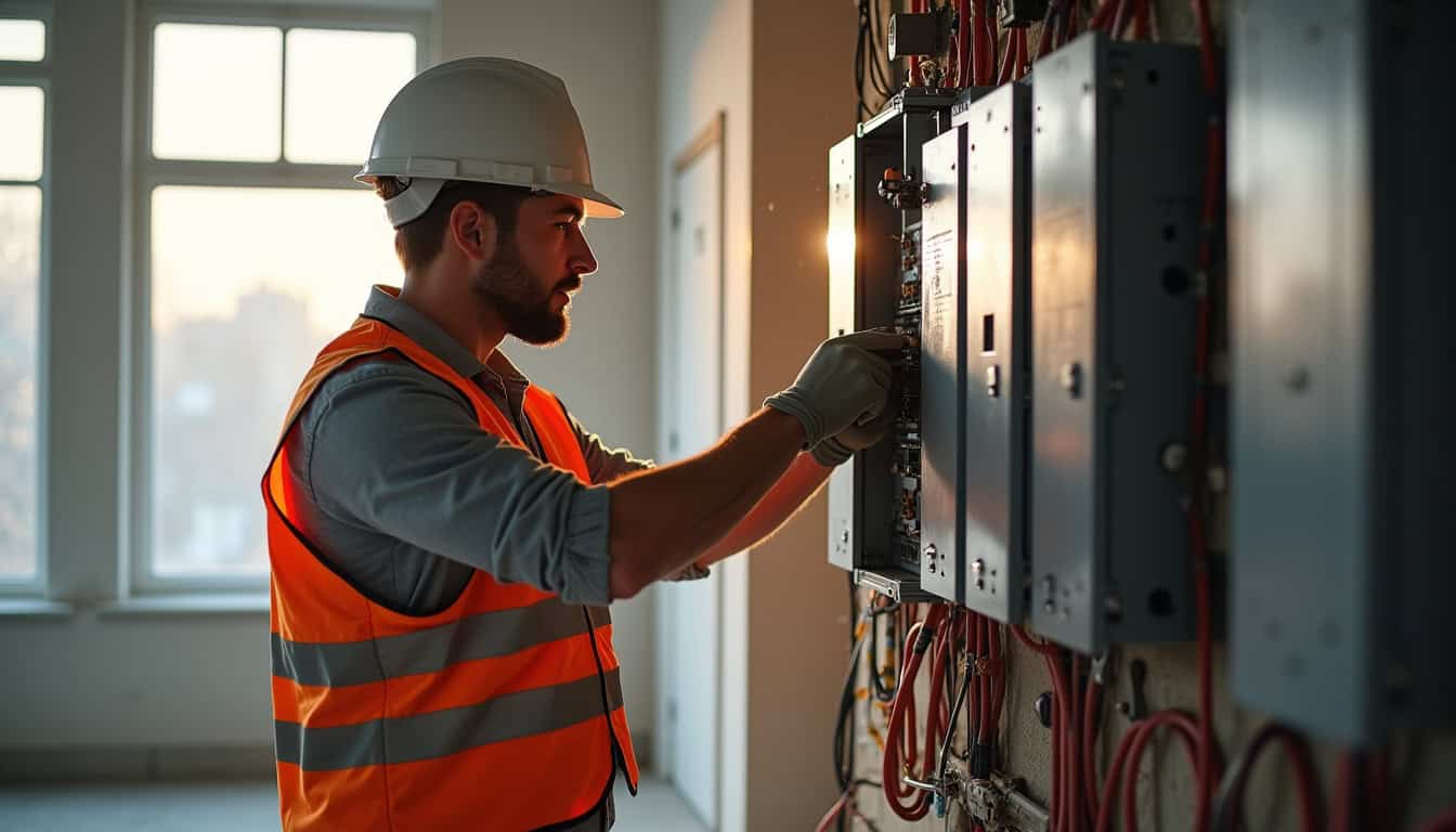 Technicien en train de vérifier un tableau électrique avant installation d