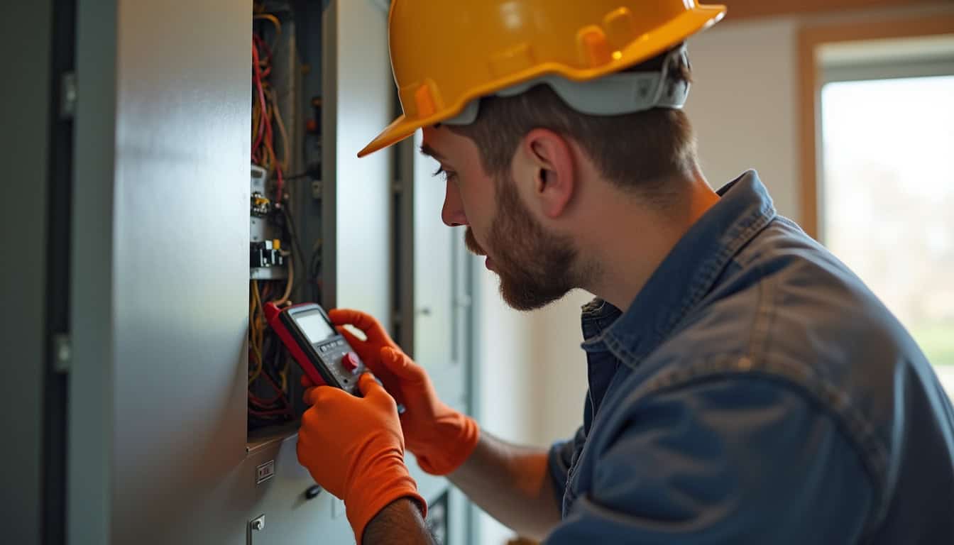 Technicien en train de vérifier un tableau électrique avant installation d
