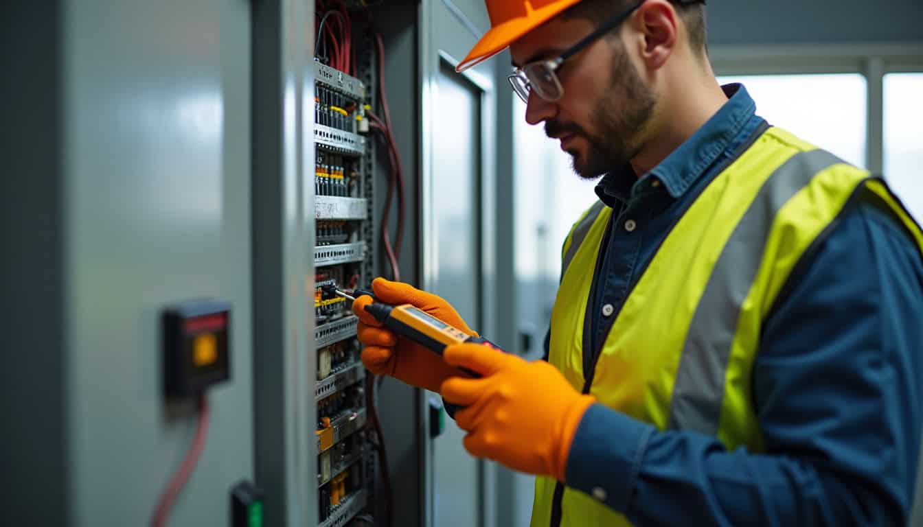 Technicien en train de vérifier un tableau électrique avant installation d