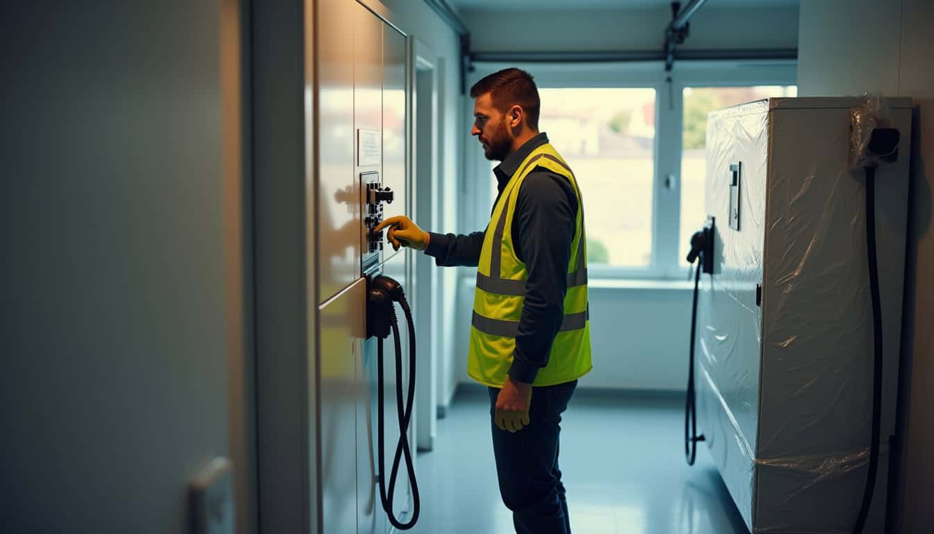 Technicien en train de vérifier un tableau électrique avant installation d'une borne de recharge