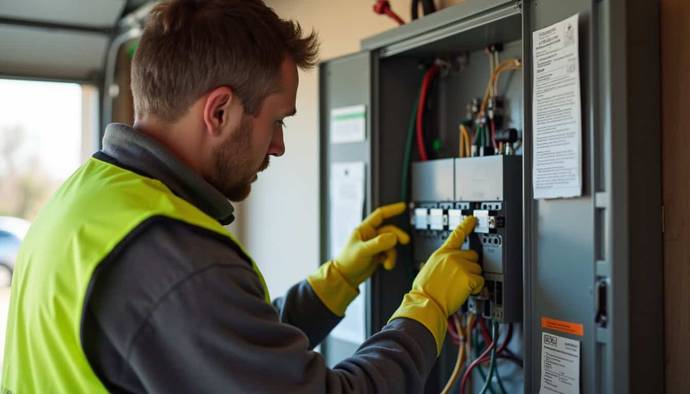 Technicien en train de vérifier un tableau électrique avant installation d'une borne de recharge