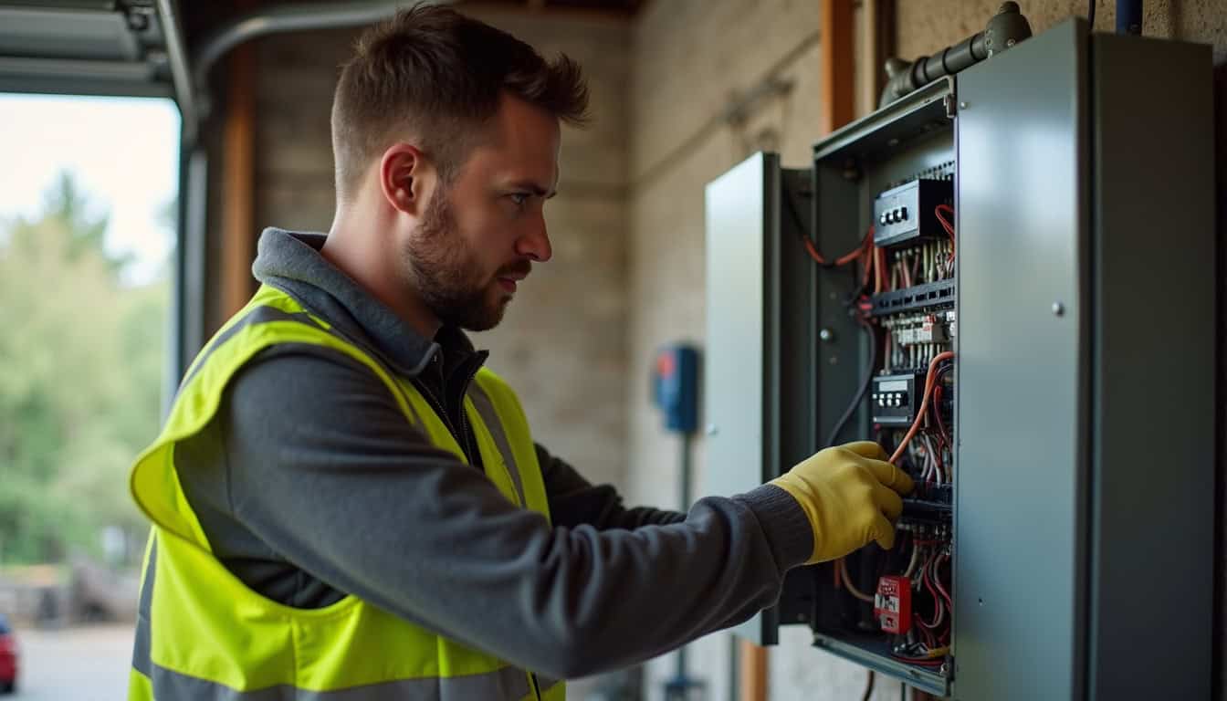 Technicien en train de vérifier un tableau électrique avant installation d'une borne de recharge
