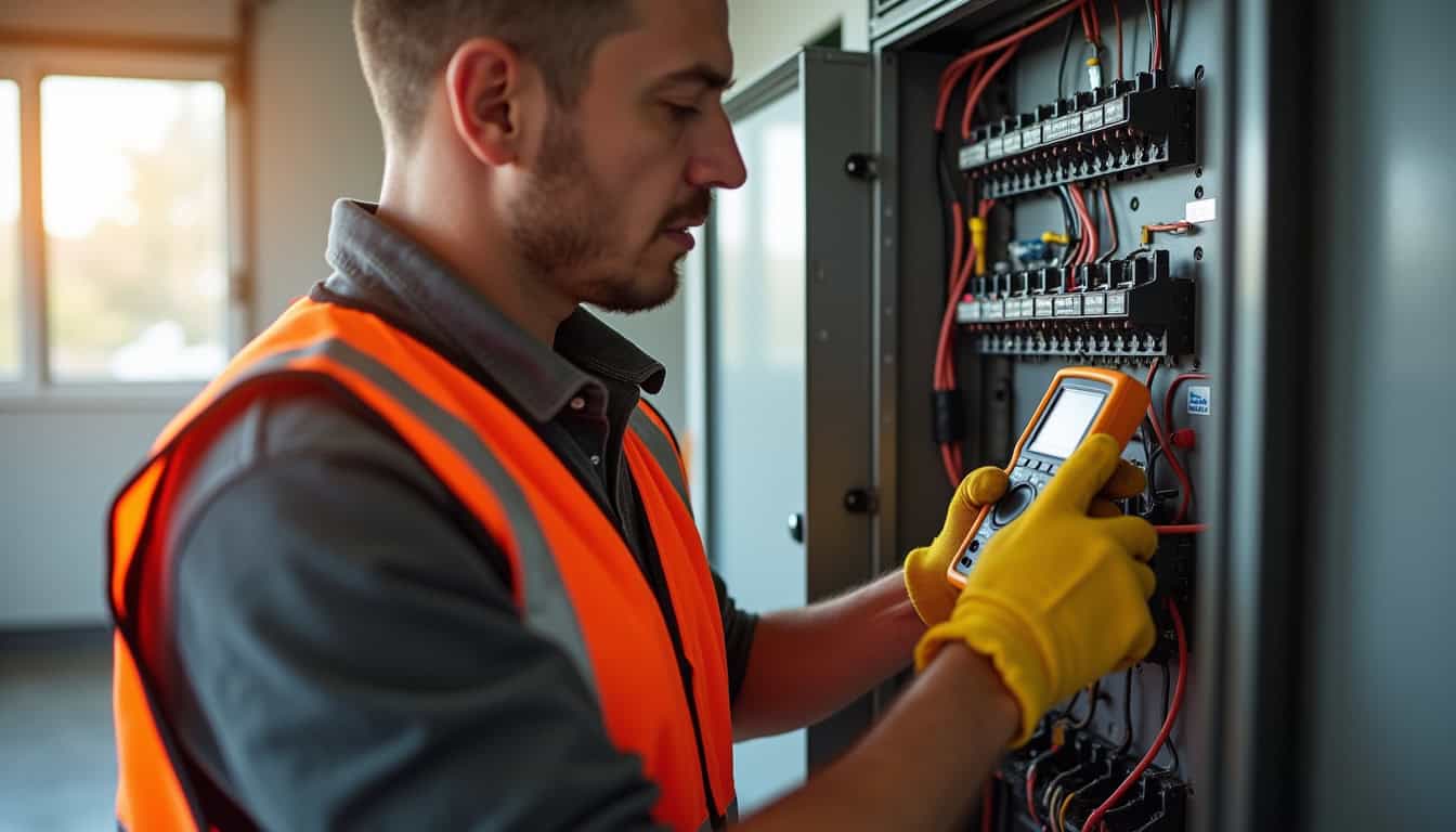 Technicien en train de vérifier un tableau électrique avant l