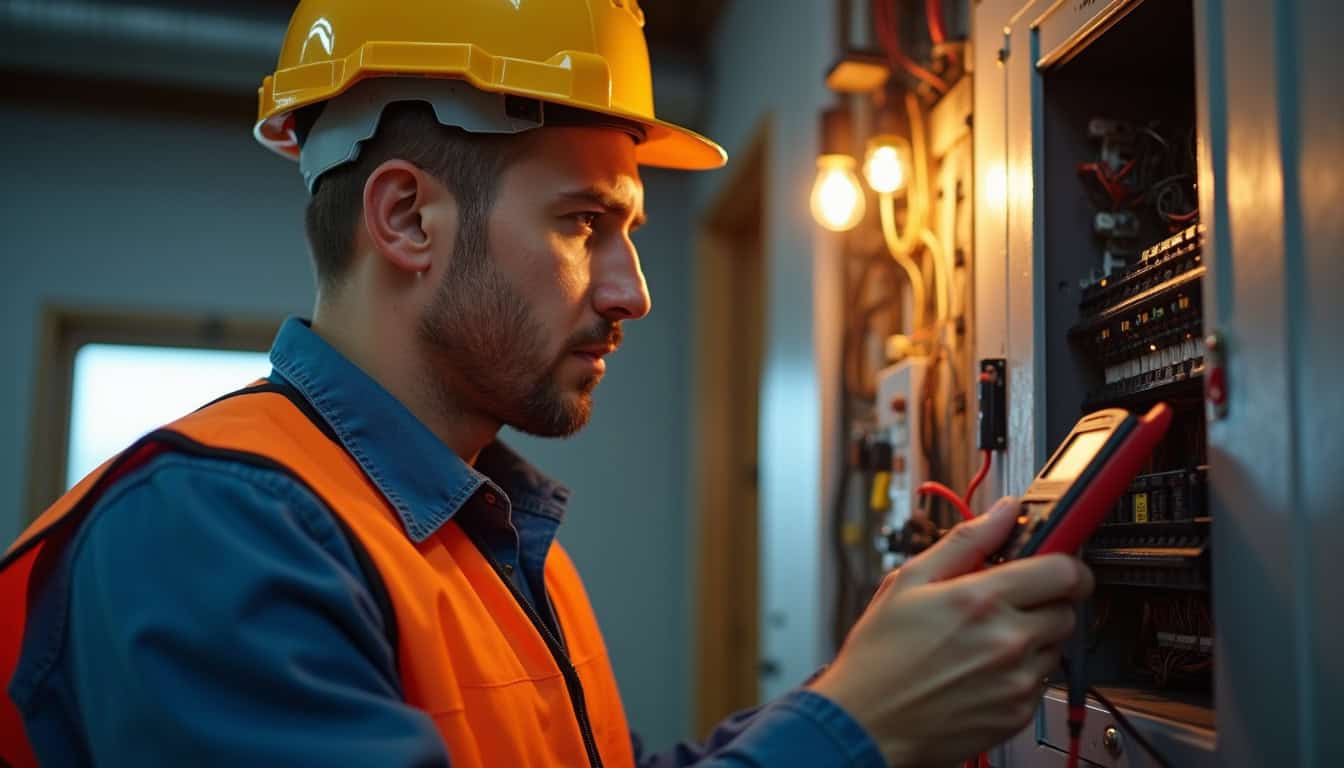 Technicien en train de vérifier un tableau électrique lors d