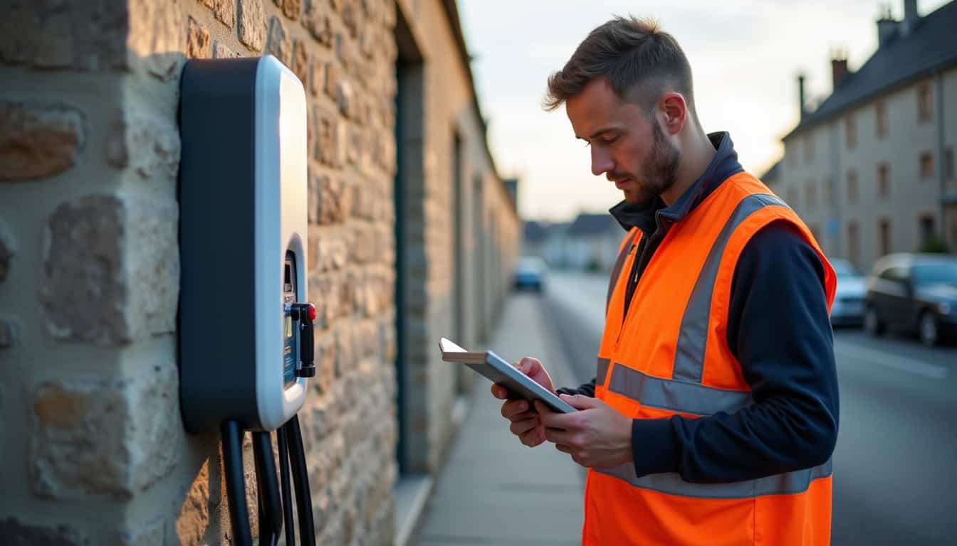 Technicien en train de vérifier une borne de recharge à Ailly-le-Haut-Clocher