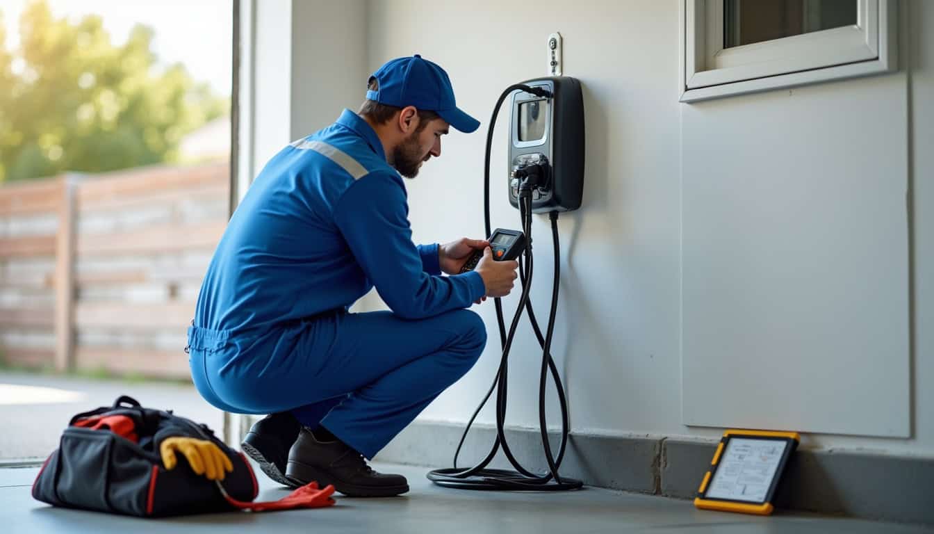 Technicien en train de vérifier une borne de recharge à Arpajon