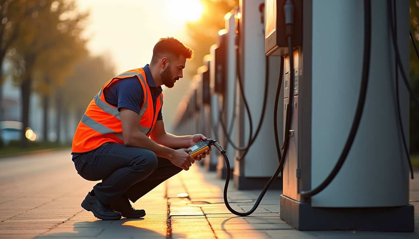 Technicien en train de vérifier une borne de recharge à Châteaugiron