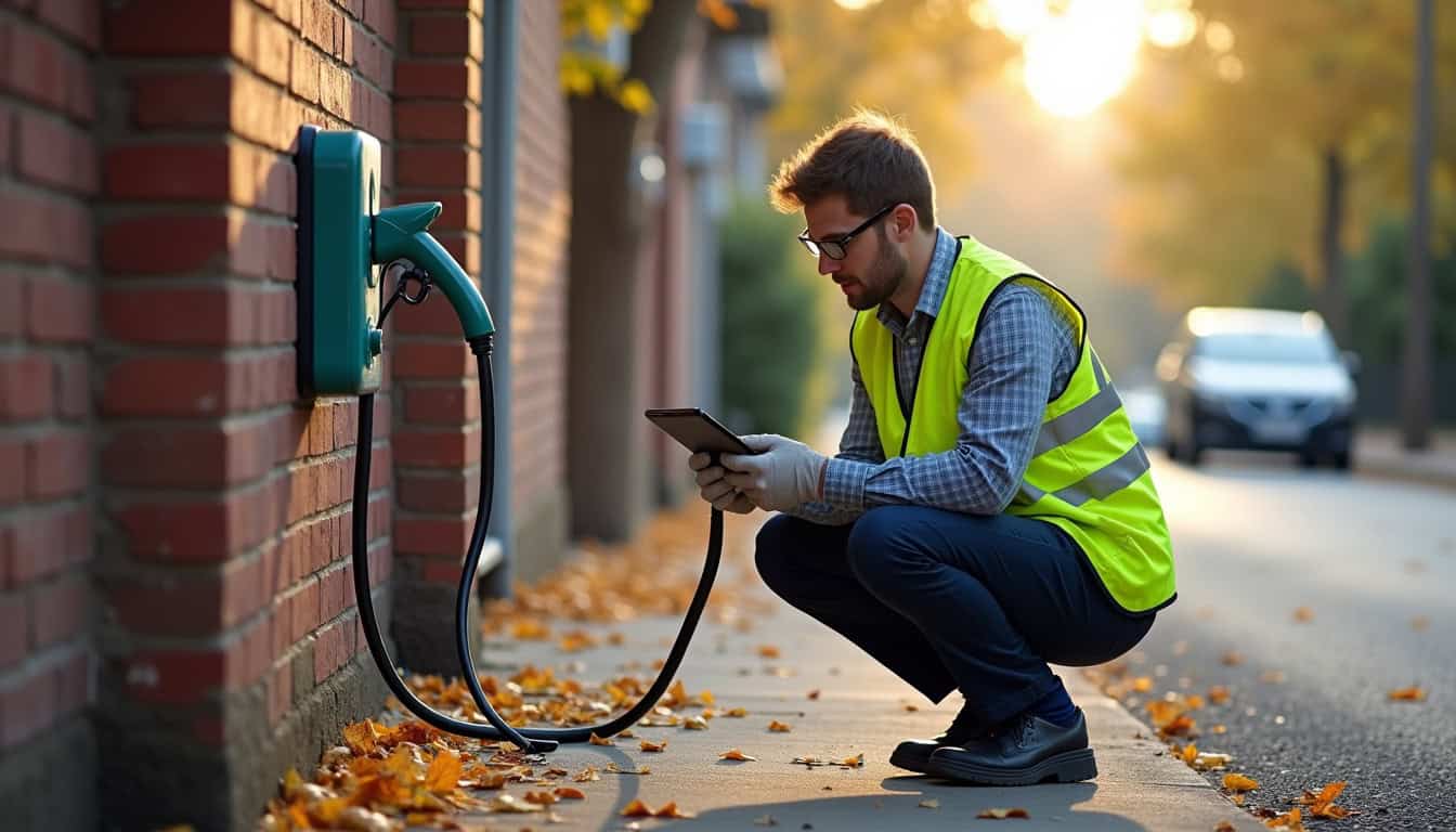 Technicien en train de vérifier une borne de recharge à Gentilly