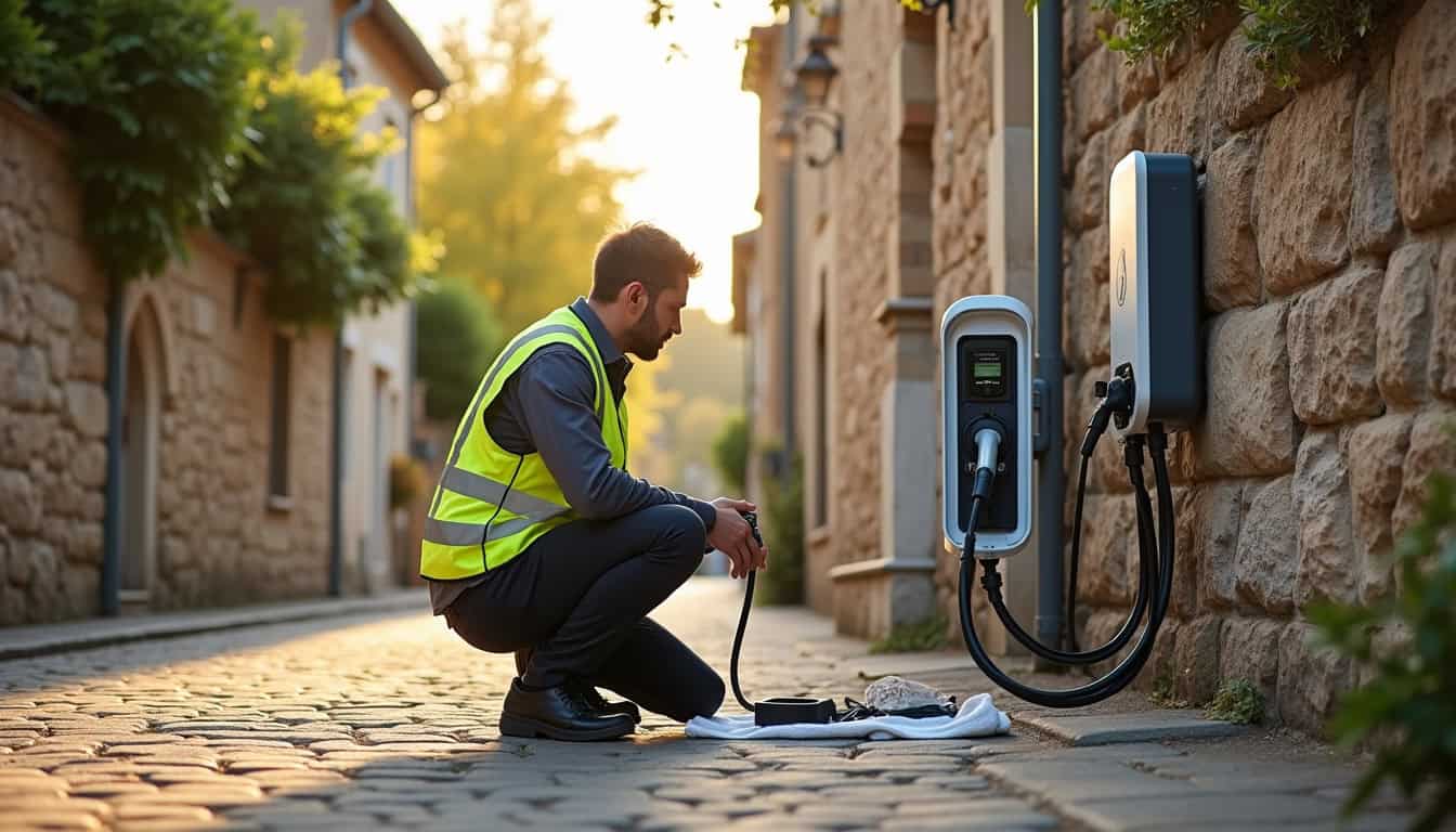 Technicien en train de vérifier une borne de recharge à La Vicomté-sur-Rance