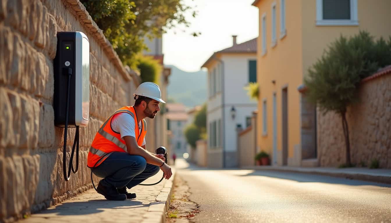 Technicien en train de vérifier une borne de recharge à Le Gua