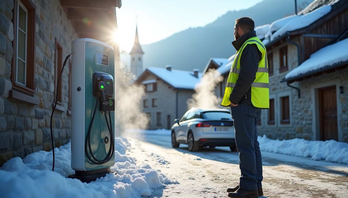 Technicien en train de vérifier une borne de recharge à Les Angles