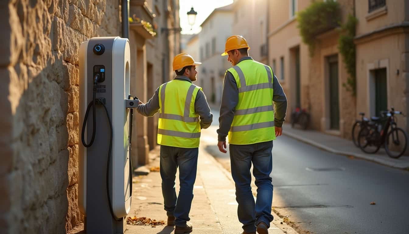 Technicien en train de vérifier une borne de recharge à Marennes