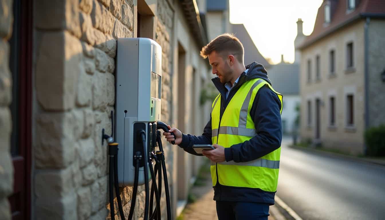 Technicien en train de vérifier une borne de recharge à Saint-Benoît-sur-Loire