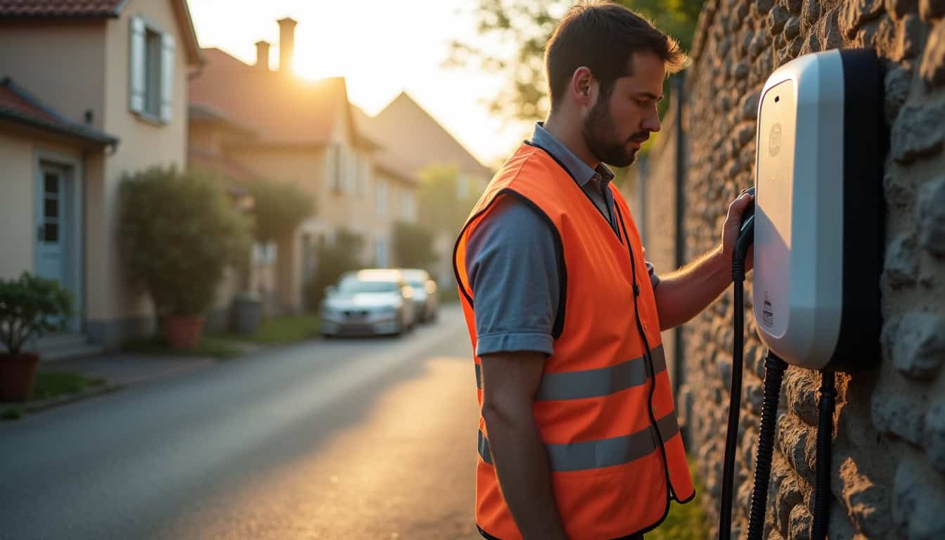 Technicien en train de vérifier une borne de recharge à Toulaud