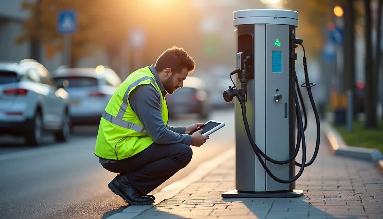 Technicien en train de vérifier une borne de recharge à Tremblay-en-France