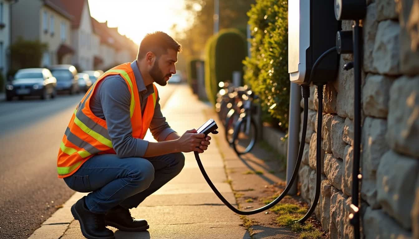 Technicien en train de vérifier une borne de recharge après installation à Guéreins