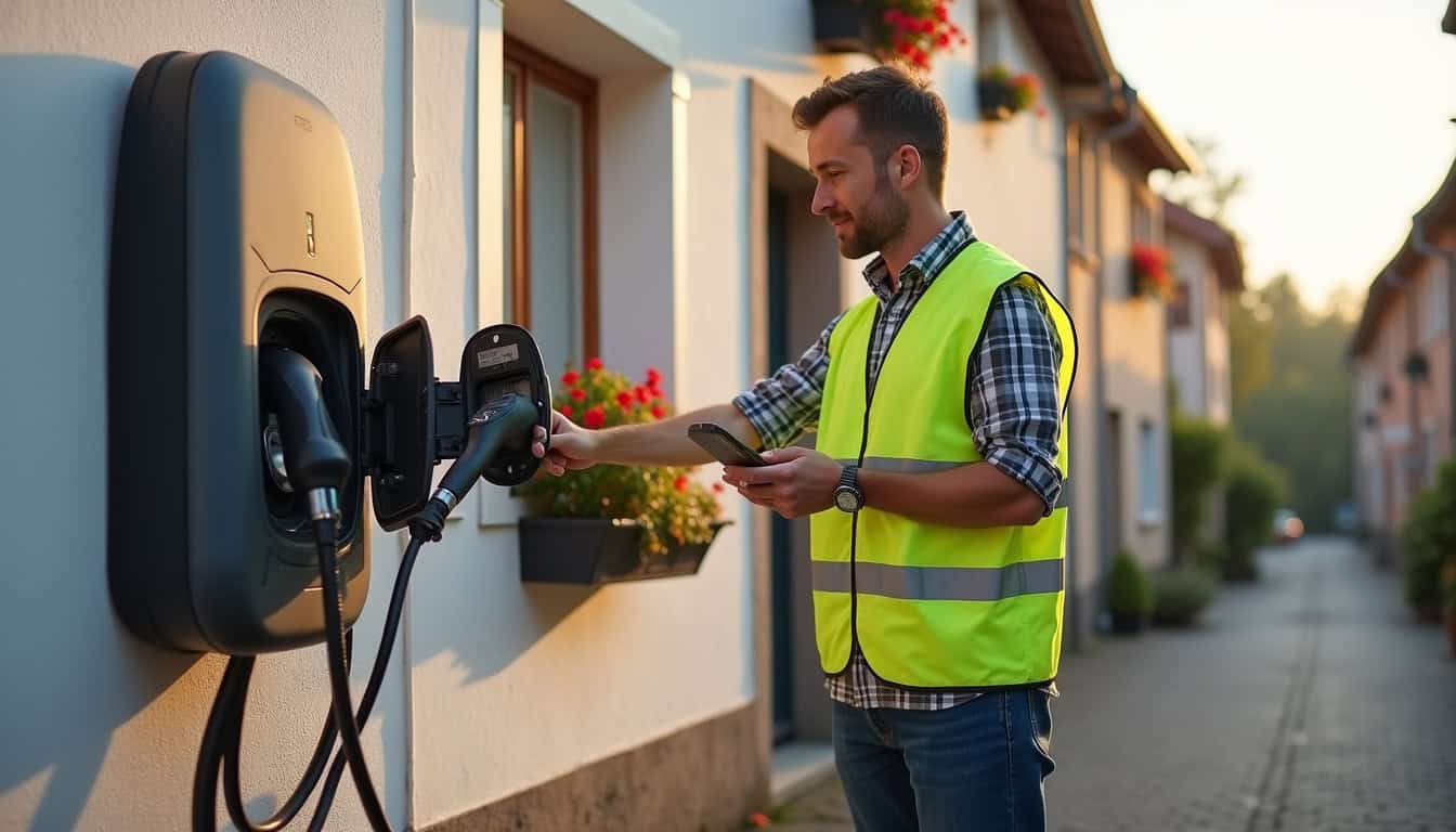 Technicien en train de vérifier une borne de recharge électrique à Aspach-le-Bas