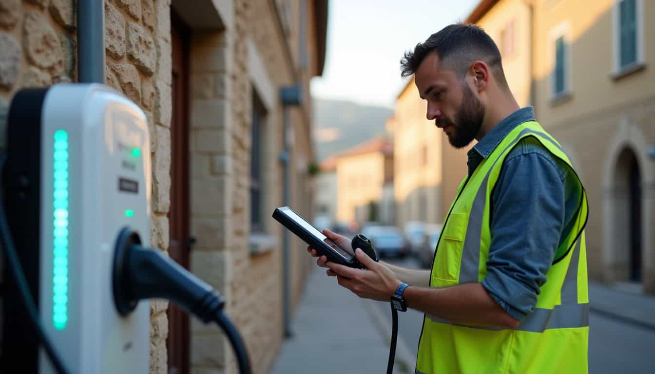 Technicien en train de vérifier une borne de recharge électrique à Bazet