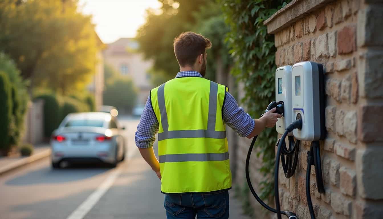 Technicien en train de vérifier une borne de recharge électrique à Bouvron