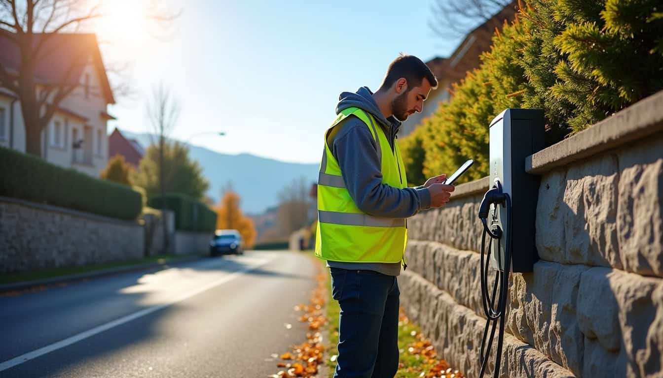 Technicien en train de vérifier une borne de recharge électrique à Bresse Vallons