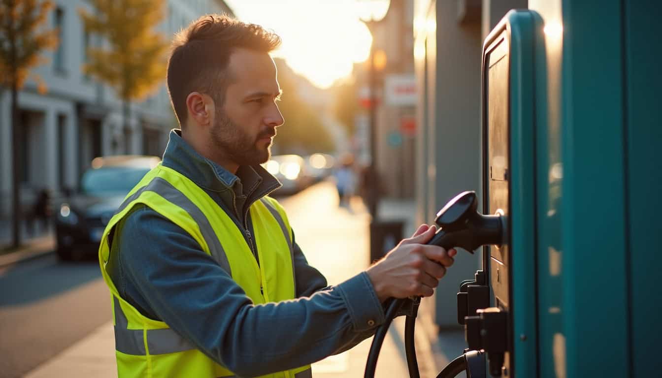 Technicien en train de vérifier une borne de recharge électrique à Cambrai