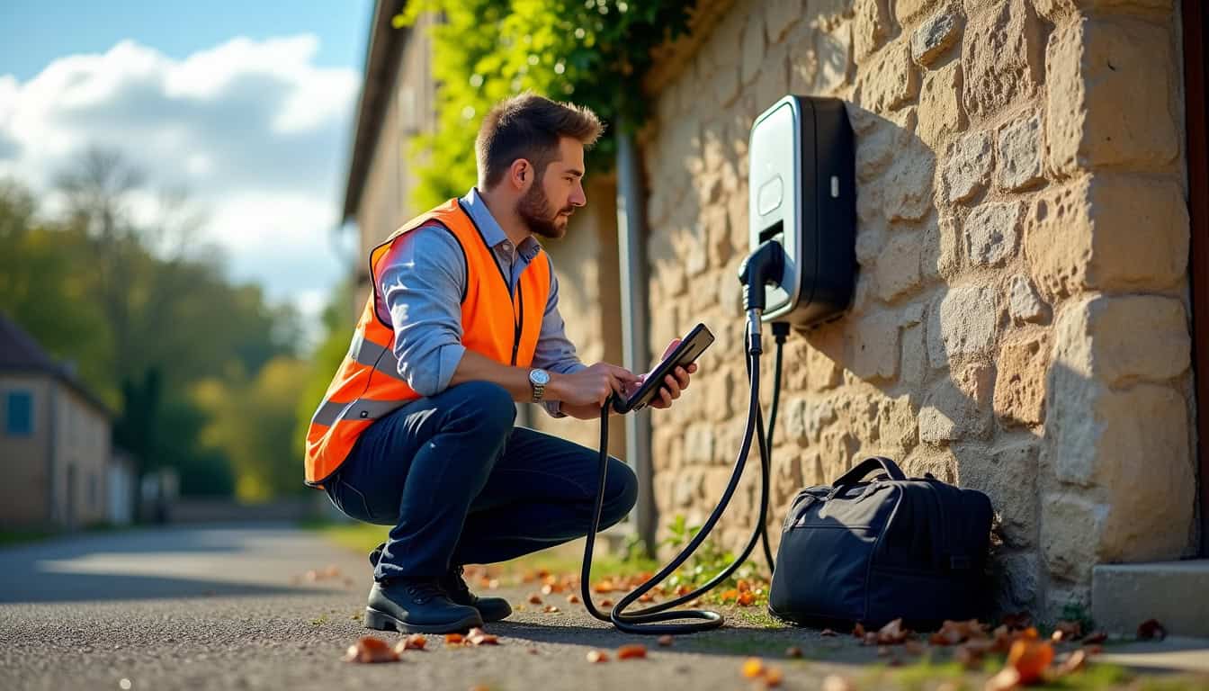 Technicien en train de vérifier une borne de recharge électrique à Celles-sur-Belle