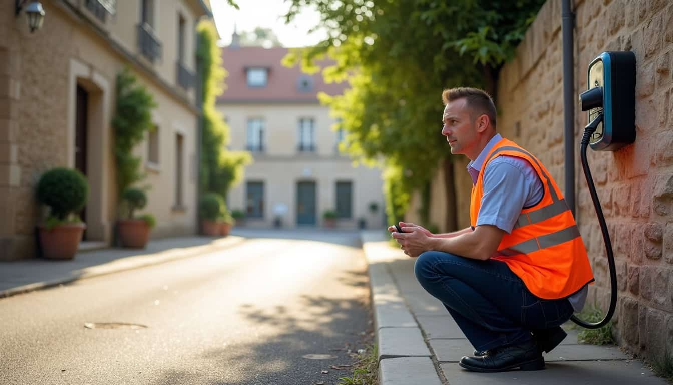 Technicien en train de vérifier une borne de recharge électrique à Chailly-en-Bière