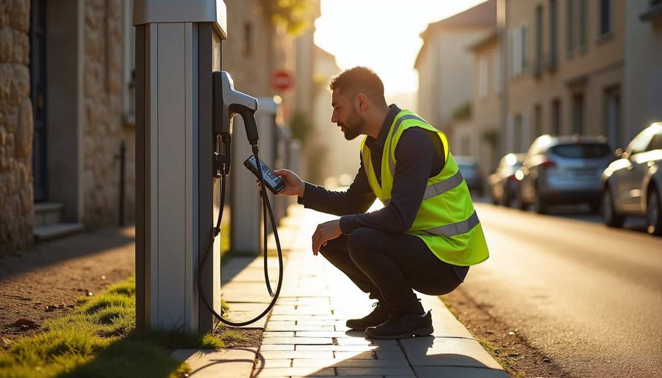 Technicien en train de vérifier une borne de recharge électrique à Chiché