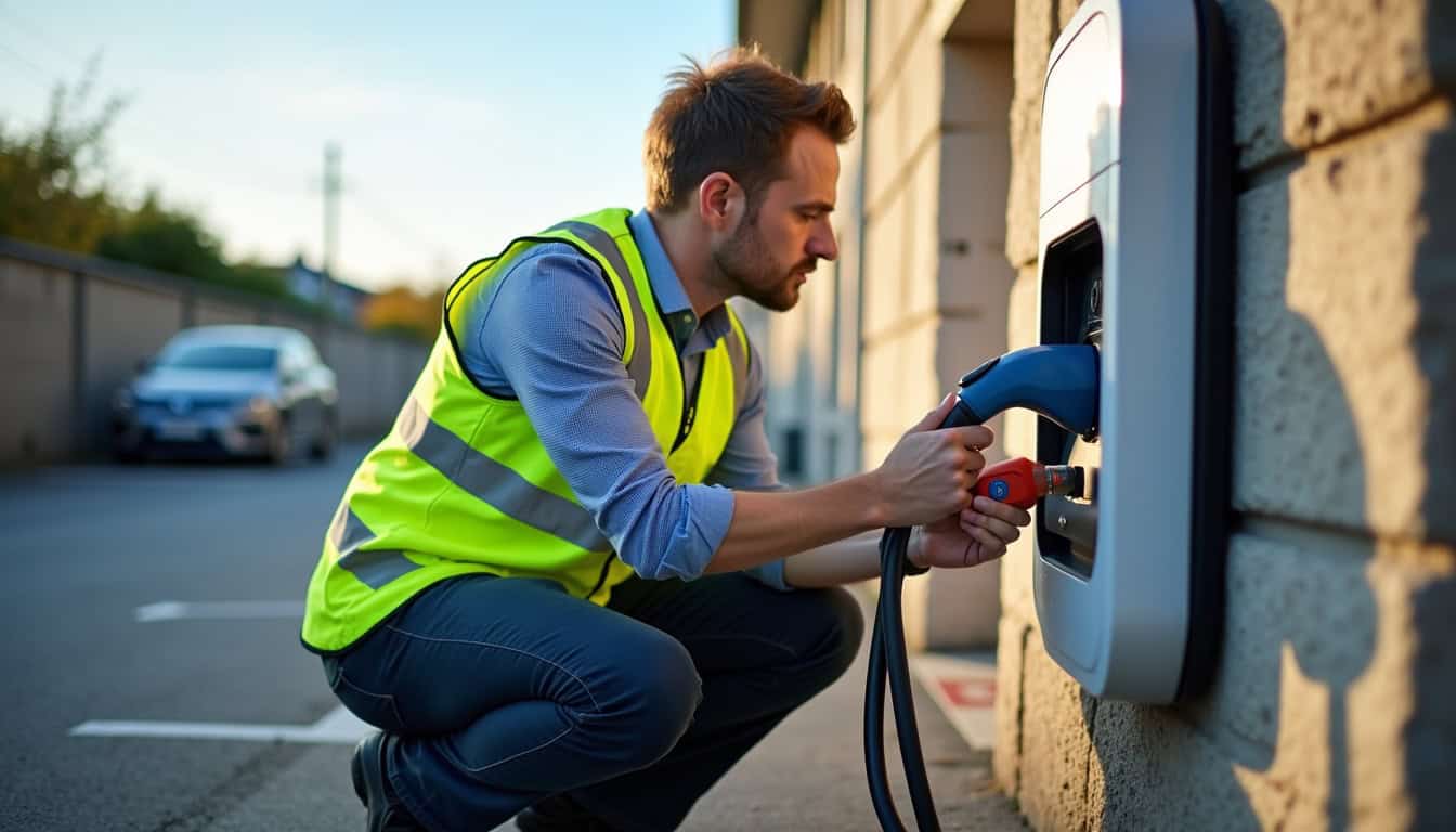 Technicien en train de vérifier une borne de recharge électrique à Fessenheim