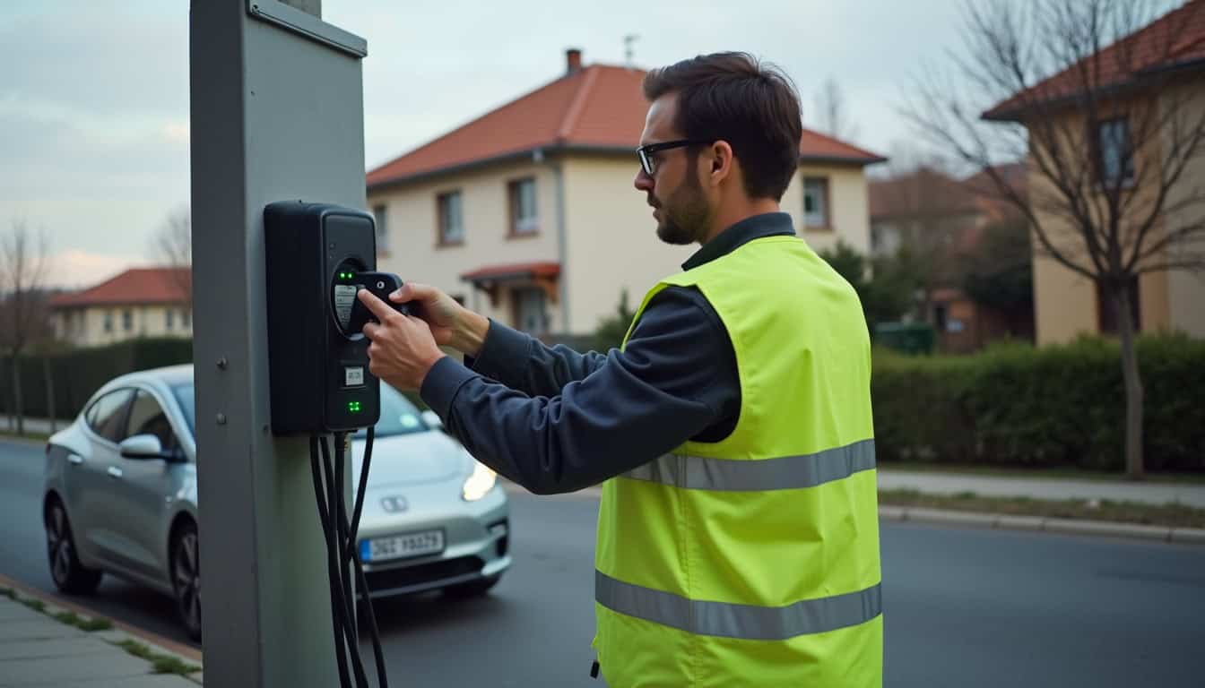 Technicien en train de vérifier une borne de recharge électrique à Gosné